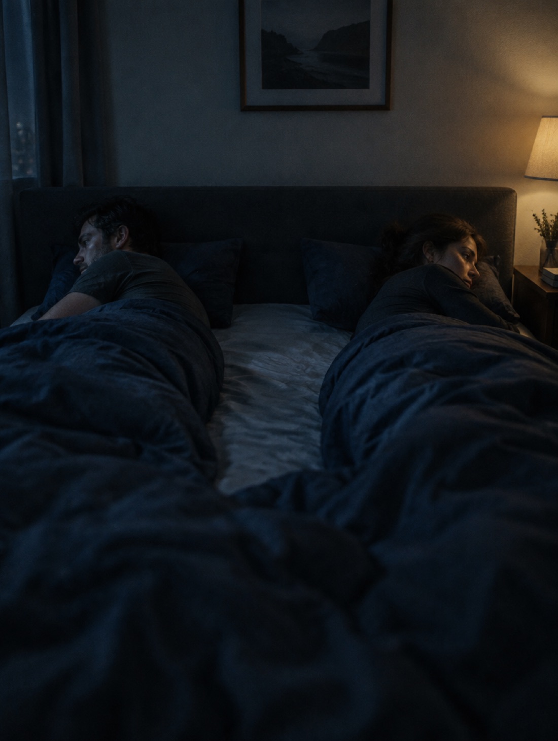 A couple lying awake in bed at night with a gap between them.