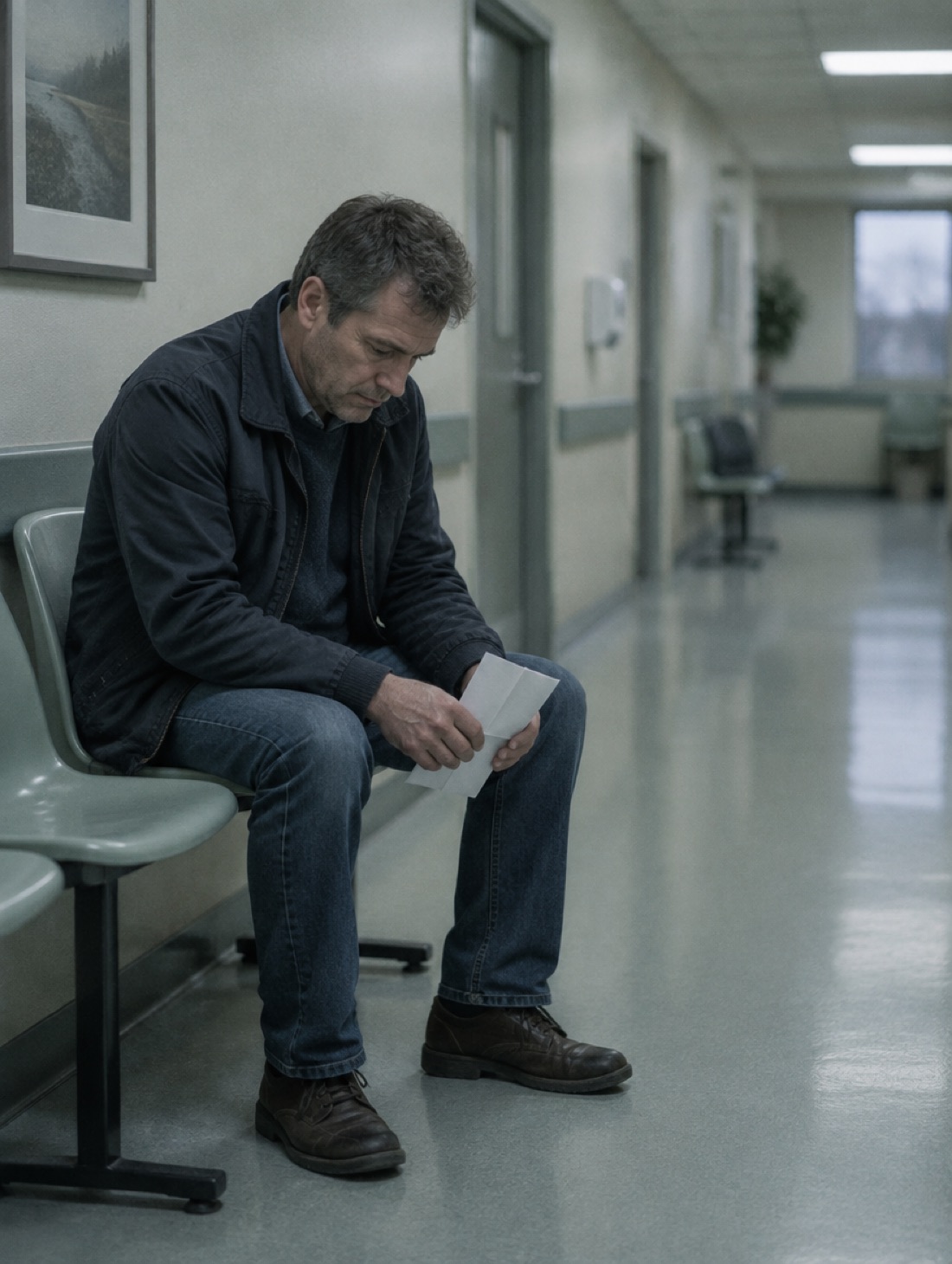 A man sitting alone in a clinic corridor holding a folded piece of paper.