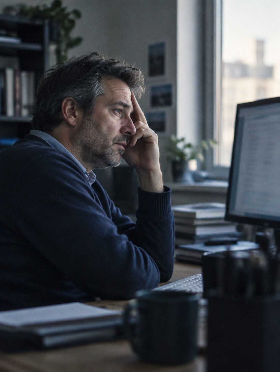 A man at his office desk with his hand pressed to his temple, staring past his screen.