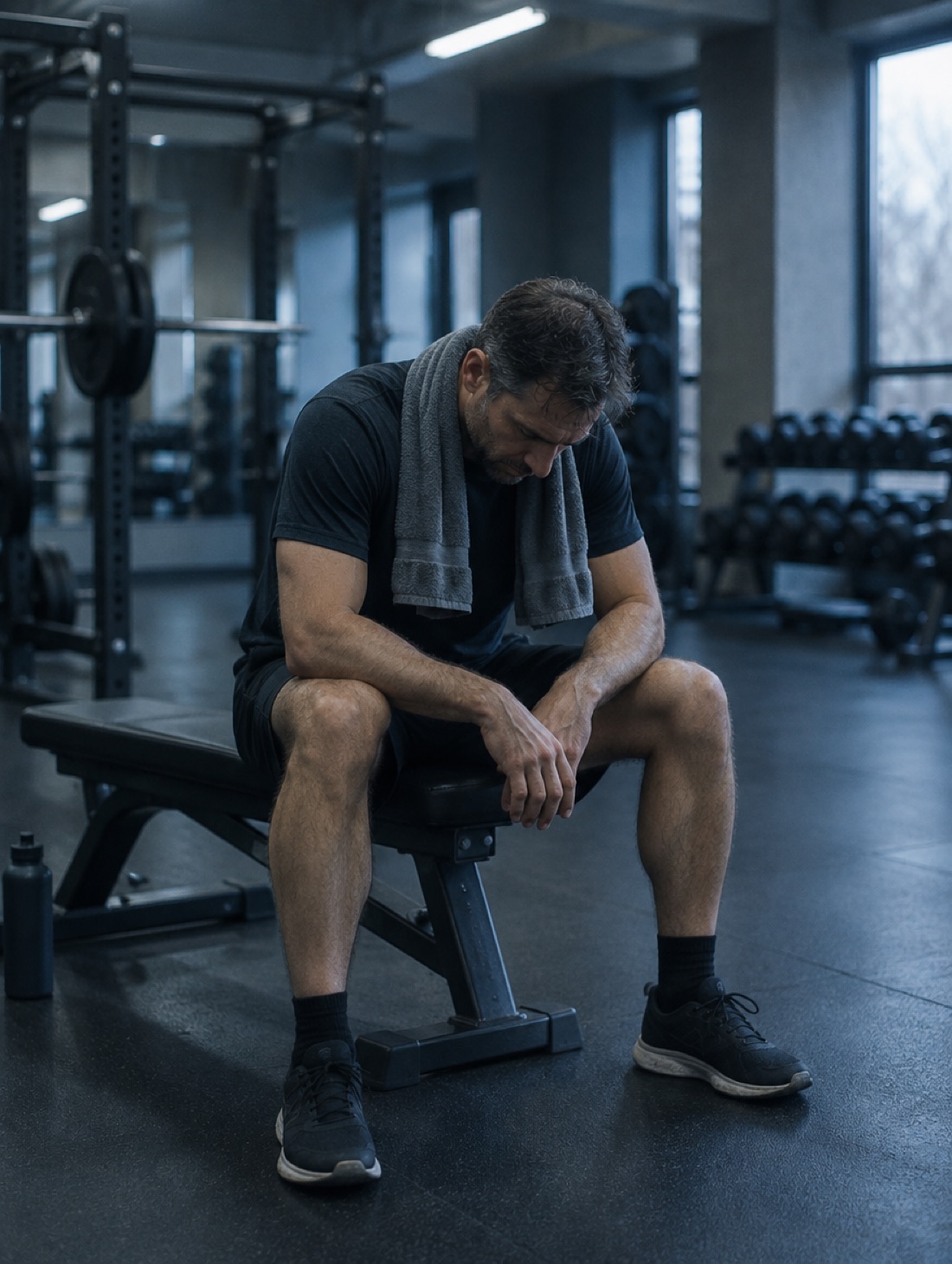 A man sitting on a gym bench after training, head down, a towel around his neck.