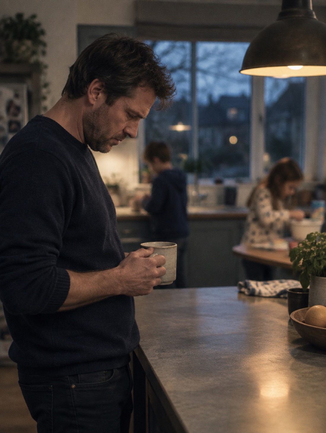 A man standing withdrawn at a kitchen bench while his children play in the background.