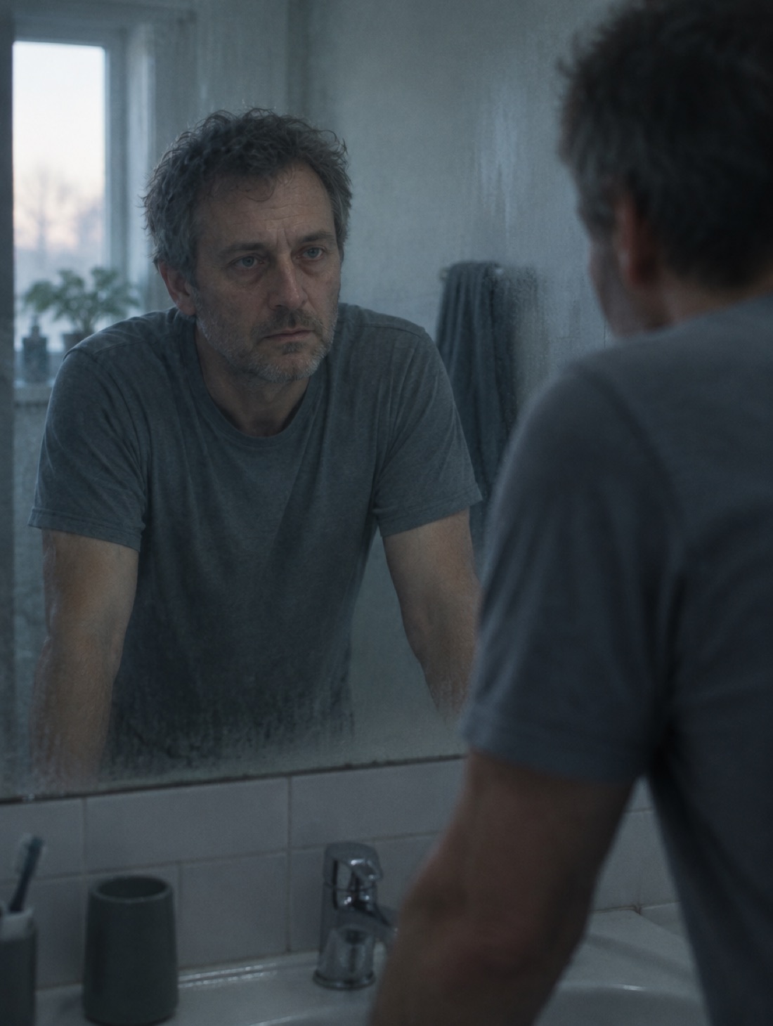A tired man looking at his reflection in a bathroom mirror at dawn.